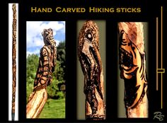 three different types of carved wooden sticks