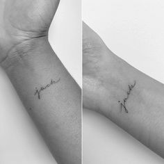 two images show the same wrist tattoo, one with an arrow and the other with a name on it