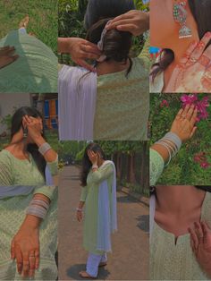 a collage of photos showing different women in sari and blouses, with one woman touching the other's face