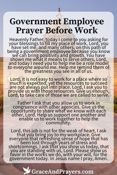 an image with the words government employee prayer before work written in black and white on it