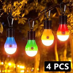 multicolored light bulbs hanging from a tree branch with the text, 4 pcs