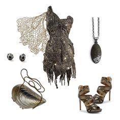 an assortment of items including shoes, necklaces and earrings are shown in this image