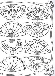 a coloring page with flowers and fan shapes