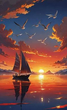 a painting of a sailboat in the ocean with birds flying over it at sunset