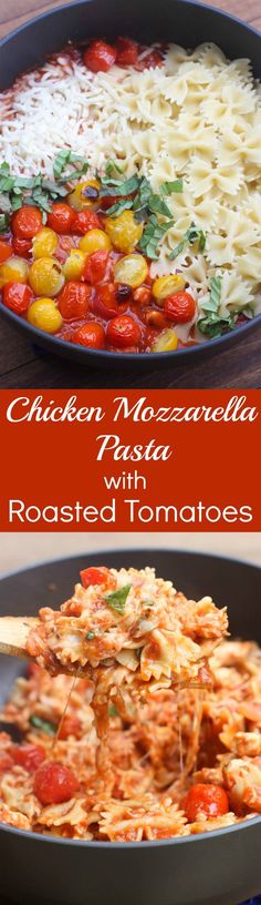 chicken macaroni and pasta with roasted tomatoes in a skillet