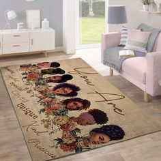 an area rug with the names and pictures of people on it