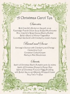 a christmas carol tea menu with green trimmings and ornate design on the front