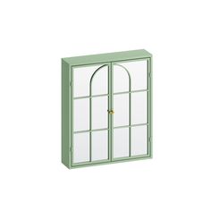 a green cabinet with two doors and windows