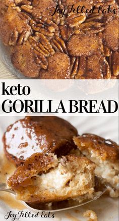 keto gorillala bread on a white plate with a spoon in it and the words