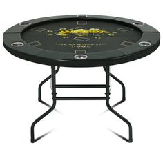 a black table with yellow flowers on the top and four holes in the middle for playing poker