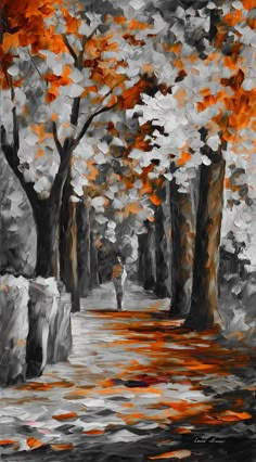 an abstract painting of a person walking down a path in the park with trees and leaves