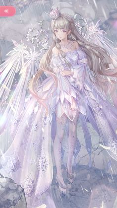 an anime character is standing in the rain with her wings spread out and she has long hair