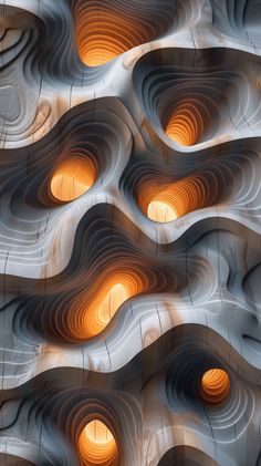 an abstractly designed wall with orange lights in the center