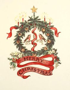 a christmas card with a wreath and two birds