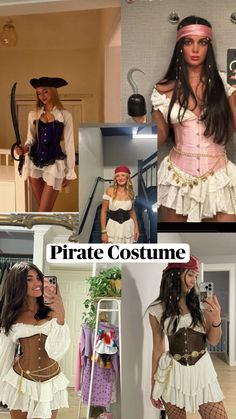 several pictures of women dressed in pirate costumes, including one woman wearing a costume and the other holding a cell phone