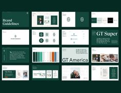 the brand guidelines for gt super are displayed on a dark green background with white text