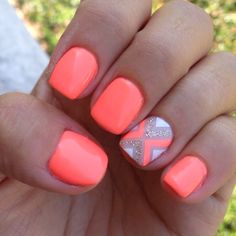 Bright orange coral Neon nail art design Uñas Color Coral, Neon Nail Art Designs, Neon Nail Art, Peach Nails, Coral Nails, Neon Nails