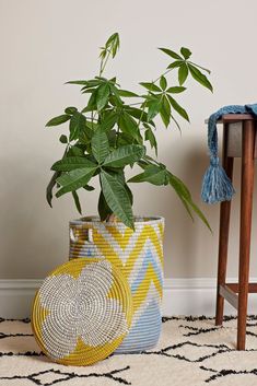 a potted plant sitting on top of a rug next to a wooden stool