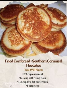 some pancakes are stacked on top of each other with the words fried cornbread southern cornmeal