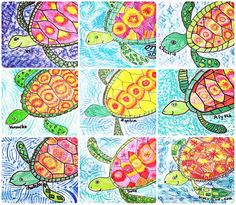 four different pictures of turtles and turtlelings with watercolors on them, one in the