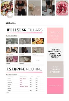 Pink and Aesthetic Notion Page for Health, Wellness, and Fitness Tracking | Notion templates Exercise Notion, Aesthetic Notion Page, Wellness Pillars, Notion Guide, Notion Widget, Weight Gain Journey, Workout Template