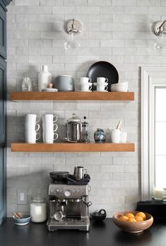 the kitchen counter is clean and ready to be used for breakfast or desserts, as well as coffee