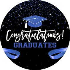 congratulations sticker with the words congratulations graduates in blue and white on a black background