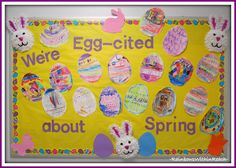 an egg - cited bulletin board is decorated with easter eggs and bunnies for the classroom