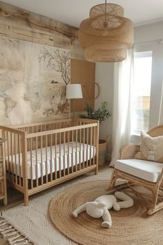 a baby's room with wicker furniture and decor