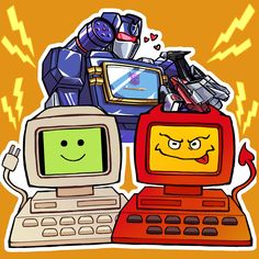 an old computer and a robot sticker next to each other on a yellow background