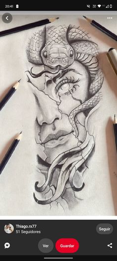 a pencil drawing of a woman's face with a dragon on it