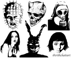 four black and white images of people with masks on their faces, one in the shape of a rabbit