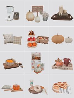 several different types of pumpkins and other things in the same photo, all arranged on separate squares