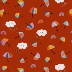 an orange background with colorful umbrellas and clouds on red ground, in the rain