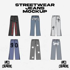 four different colored jeans with the words, streetwear jeans mock up on them and two men's pants