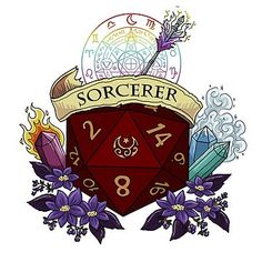 a sticker with the word sorcer on it, surrounded by symbols and flowers