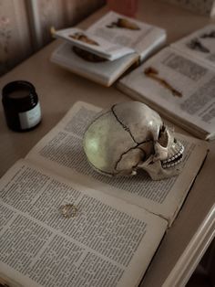 a skull sitting on top of an open book