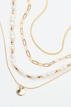 Set of 4 Pearl & Mini Medallion Necklaces, Off White/Gold Cheap Charm Necklace With Round Beaded Chain, Metal Costume, Necklaces White, Medallion Necklace, Gold Necklace Layered, Chain Necklaces, Curb Chain, Layered Necklaces, Accessories Shop