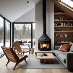 a living room filled with furniture and a fire place in the middle of a room