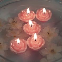 pink candles with white flowers floating on top of water in a glass bowl filled with water