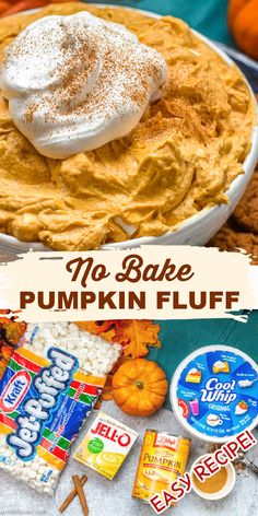 no bake pumpkin fluff pie with marshmallows and cinnamon on top