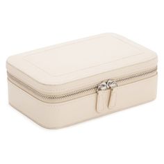 a white suitcase with two zippers on it