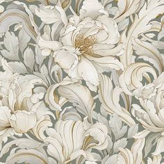 an intricately designed wallpaper with white flowers on grey and gold foiled paper