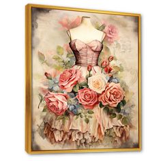 a dress with roses on it is hanging in a gold framed wall mounted canvas print