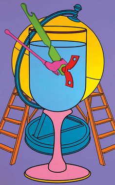 an image of a painting of a blue cup with toothbrushes in it and ladders to the side