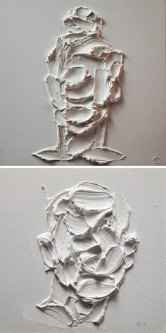 two paintings with white paint on them and one has an image of a man's face