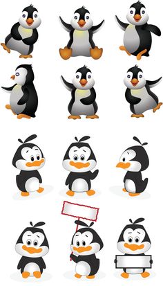 cartoon penguins with different poses and expressions for each character in the animated game penguiny