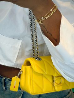 #coach Yellow Chanel Bag Outfit, Yellow Coach Bag, Coach Bag Outfit, Chanel Bag Outfit, Coach Tabby, Inside My Bag, Bag Outfit, Hot Bags, Best Purses