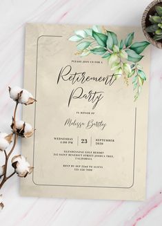 an elegant retirement party with cotton flowers and greenery on the front, in gold foil