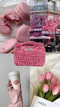 the collage shows pink macaroons, flowers, and a cup of coffee